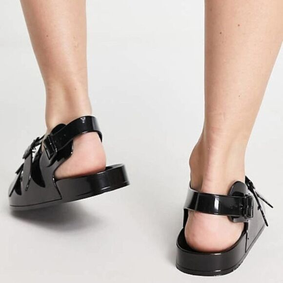 Women's Black Jelly Flat Buckled Sandals Adjustable Strap Smmoth Summer Black - Picture 3 of 4